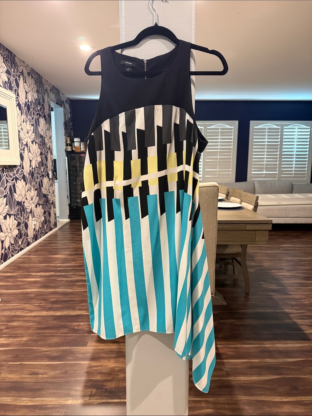 Alfani Teal Black White Yellow Asymmetrical Geometric Tank Dress